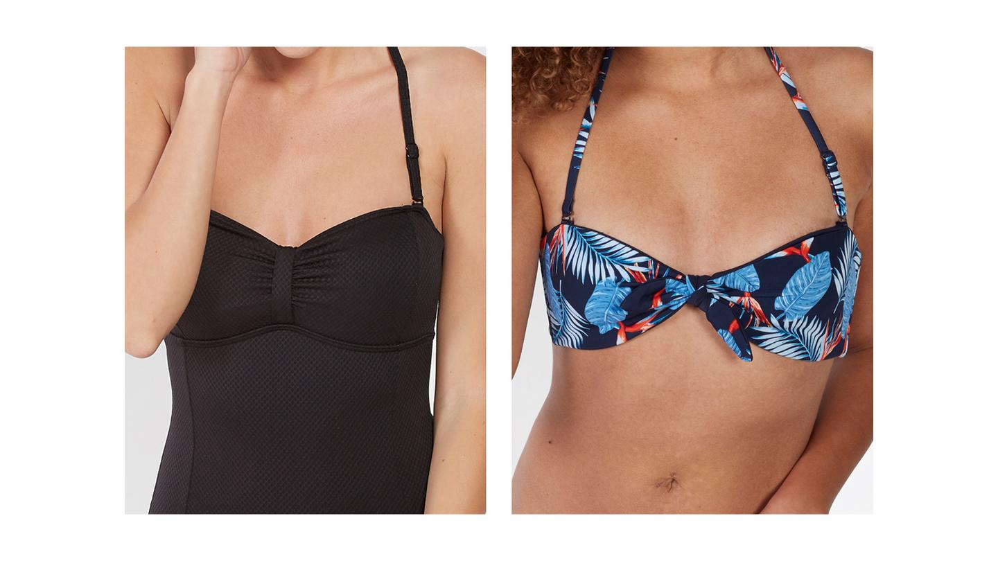 Bandeau swimwear shapes in two different colour options, from FatFace